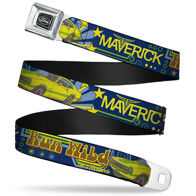 Ford Emblem Seatbelt Belt - Vintage Ford MAVERICK-RUN WILD BE A MAVERICK Blues/Yellows Webbing