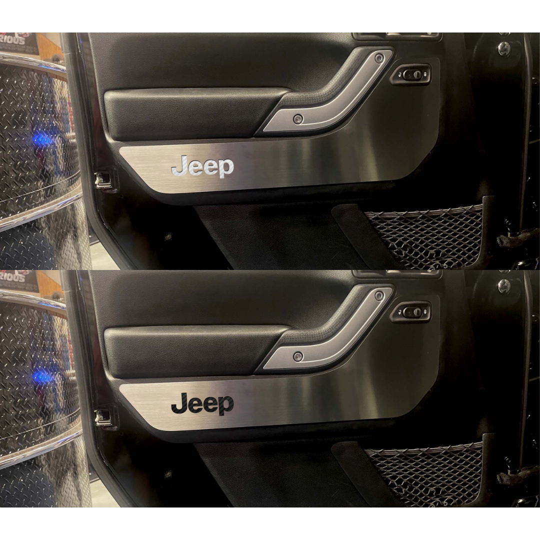 2007-2018 Jeep Wrangler JK - Front Door Guards Brushed w/Jeep Logo, Rear Door Badges Plain Brushed 4pc
