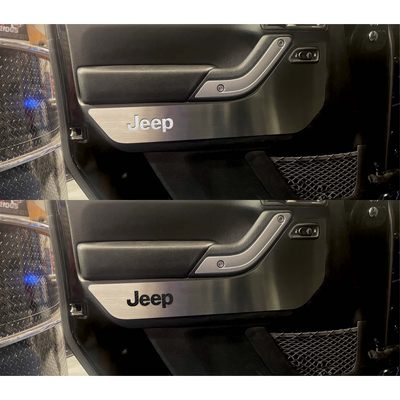 2007-2018 Jeep Wrangler JK - Front Door Guards Brushed w/Jeep Logo, Rear Door Badges Plain Brushed 4pc