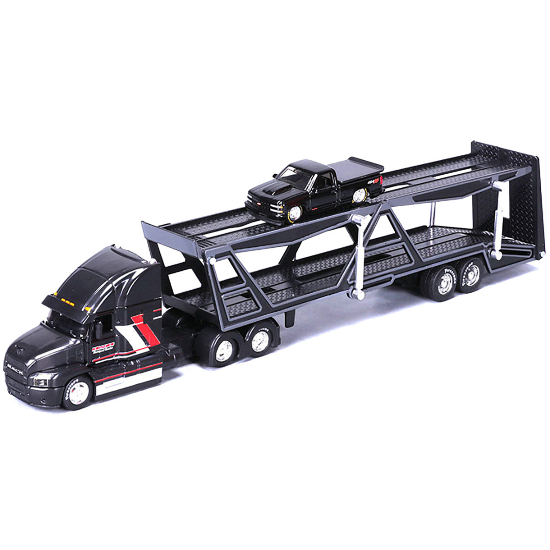 Mack Anthem Open Car Hauler Black with Red and White Stripes "Kenzie's Transport Services" and 1993 Chevrolet 454 SS Pickup Truck Black "Transporters" Series 1/64 Diecast Models