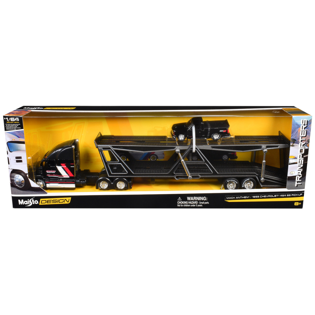 Mack Anthem Open Car Hauler Black with Red and White Stripes "Kenzie's Transport Services" and 1993 Chevrolet 454 SS Pickup Truck Black "Transporters" Series 1/64 Diecast Models