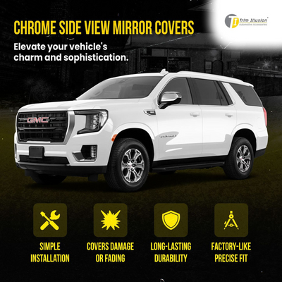 2021-2024 Chevrolet Suburban/Tahoe, 2024 Chevrolet Silverado EV, 21-24 GMC Yukon/Yukon XL, 21-24 Cadillac Escalade 2 PCS W/ or W/O Turn Signal Top Chrome Tape-on Mirror Cover