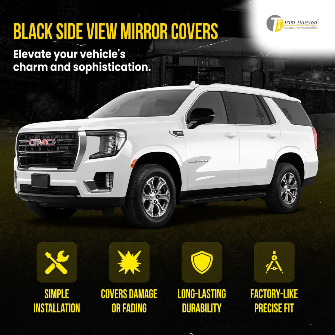 2021-2024 Chevrolet Suburban/Tahoe, 2024 Chevrolet Silverado EV, 21-24 GMC Yukon/Yukon XL, 21-24 Cadillac Escalade 2 PCS W/ or W/O Turn Signal Top Gloss Black Tape-on Mirror Cover