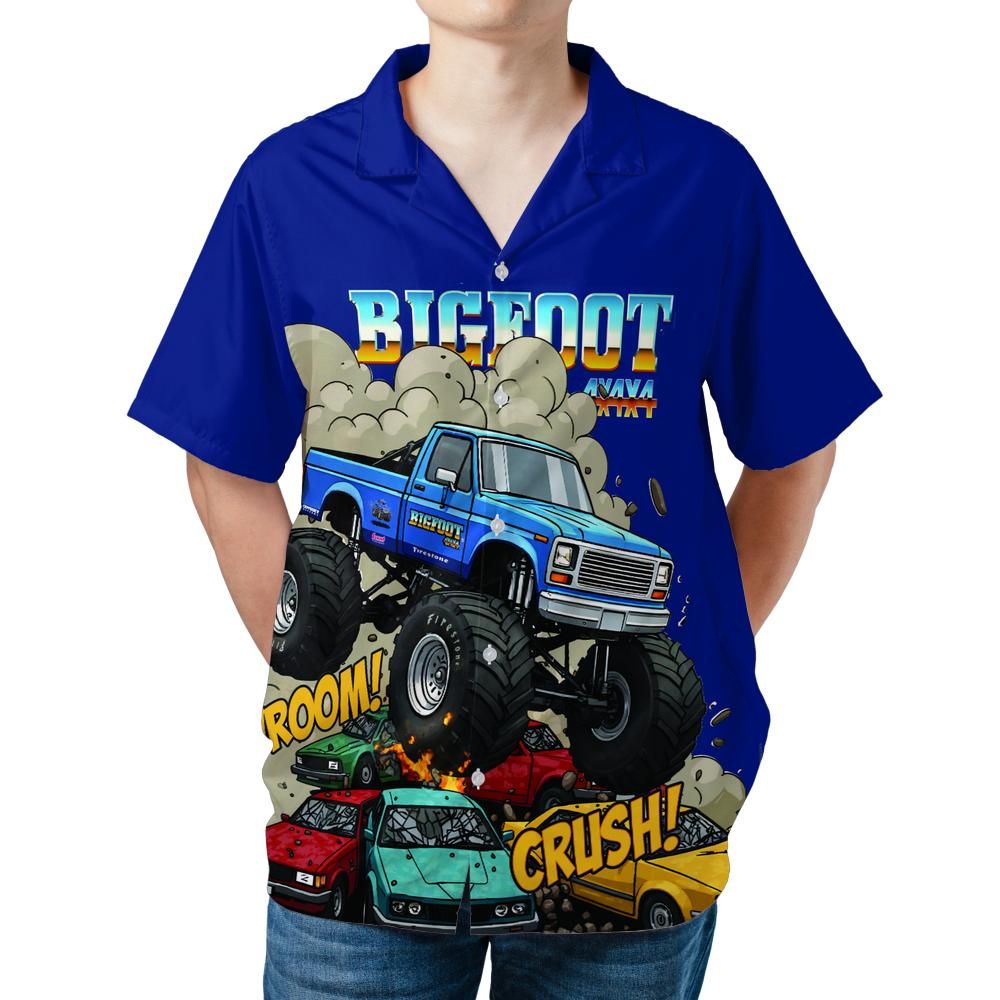 BIGFOOT 4x4 Monster Truck Hawaiian Camp Shirt – VROOM & CRUSH Design, Blue Short Sleeve for Men