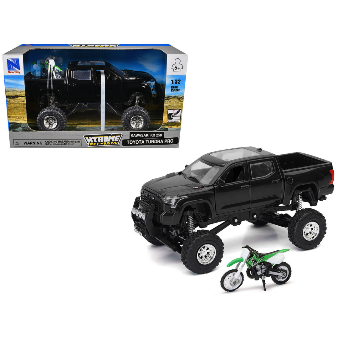 Toyota Tundra Pro Pickup Truck Black and Kawasaki KX 250 Motorcycle Green and White "Xtreme Off-Road" Series 1/32 Diecast Models