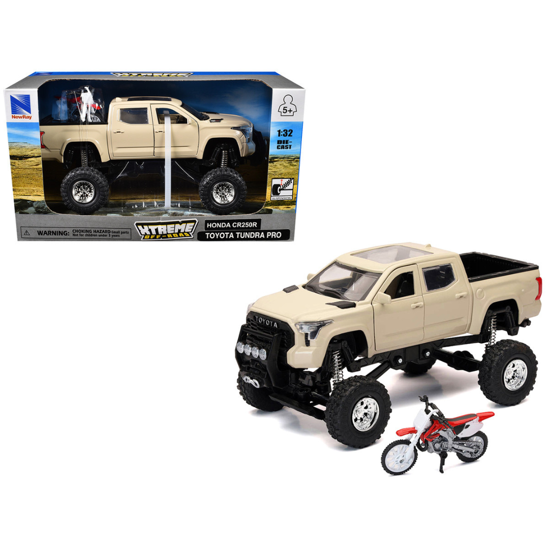 Toyota Tundra Pro Pickup Truck Tan and Honda CR250R Motorcycle Red and White "Xtreme Off-Road" Series 1/32 Diecast Models