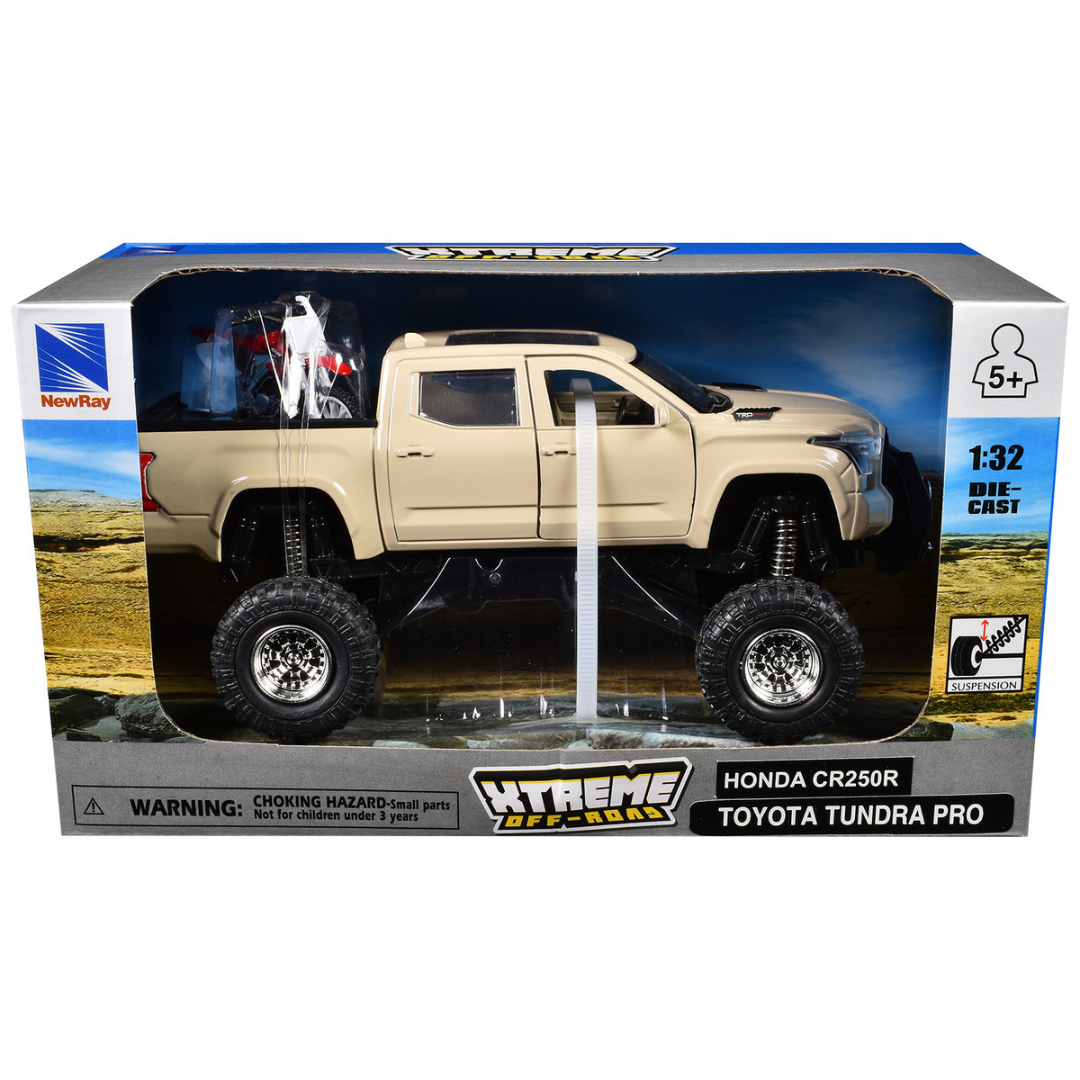 Toyota Tundra Pro Pickup Truck Tan and Honda CR250R Motorcycle Red and White "Xtreme Off-Road" Series 1/32 Diecast Models