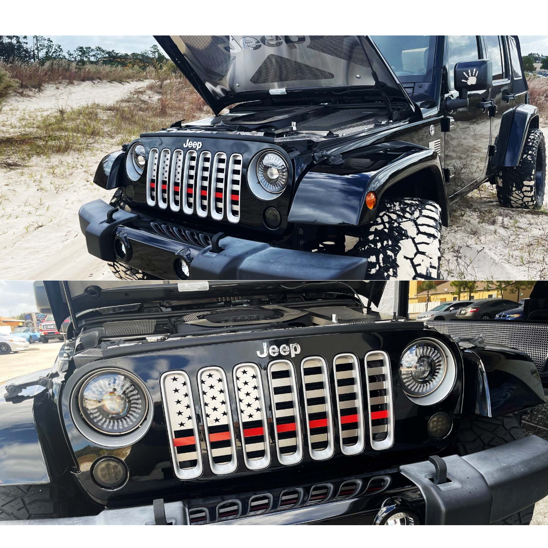 2007-2018 Jeep Wrangler JK - Front American Flag Grille | Brushed Stainless Steel Finish, Choose Line Color
