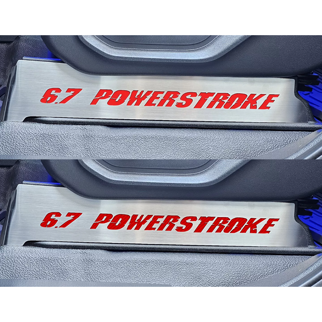 2017-2022 Ford F250 Brushed Stainless Lower Seat Vanity Plate with "6.7 Power Stroke" Logo 2pc | Select Inlay