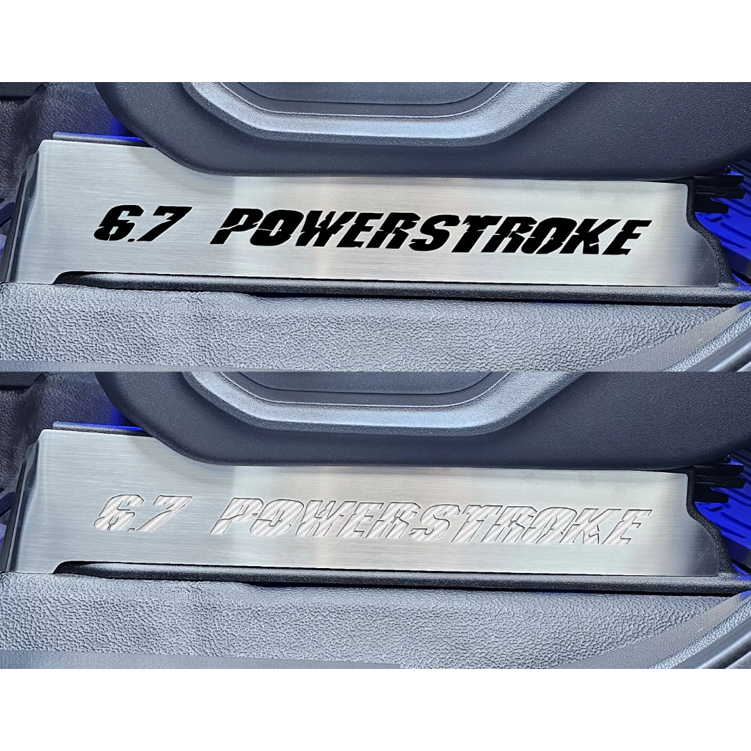 2017-2022 Ford F250 Brushed Stainless Lower Seat Vanity Plate with "6.7 Power Stroke" Logo 2pc | Select Inlay
