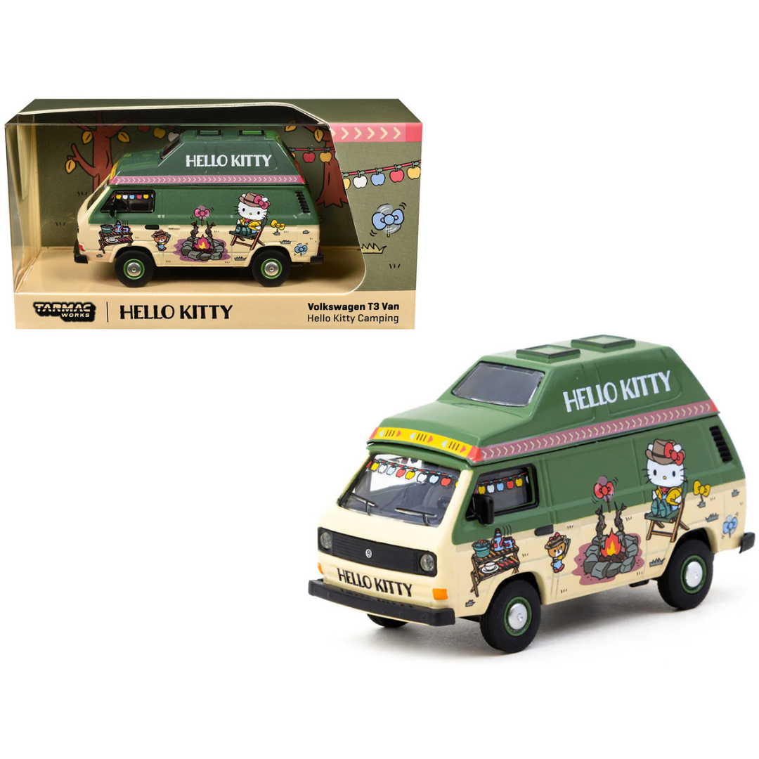 Volkswagen T3 Van "Hello Kitty Camping" Green and Beige with Graphics "Collab64" Series 1/64 Diecast Model Car
