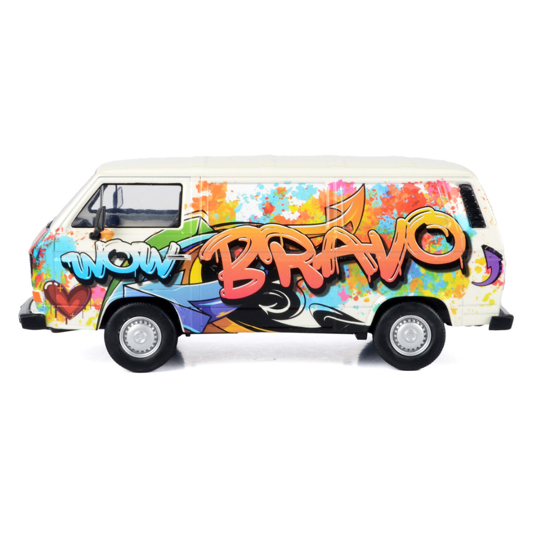 Volkswagen Type 2 (T3) Van White Metallic with Graffiti Graphics 1/24 Diecast Model Car